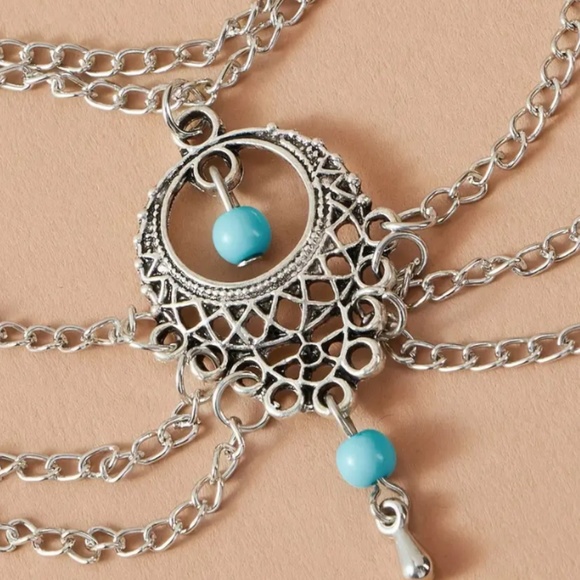 NEW BOHO VINTAGE STYLE SILVER/TURQUOISE BEADS SILVER CHAINS BEACH ANKLE BRACELET - Picture 3 of 6